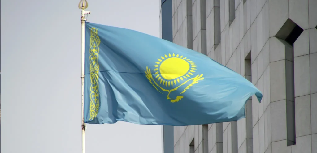 national flag of kazakhstan waving from wind